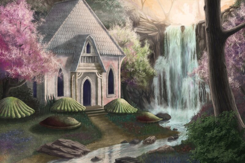 Cottage Near Waterfall — Green, Serene