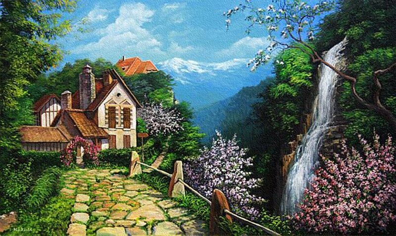 Cottage Near Waterfall — Green