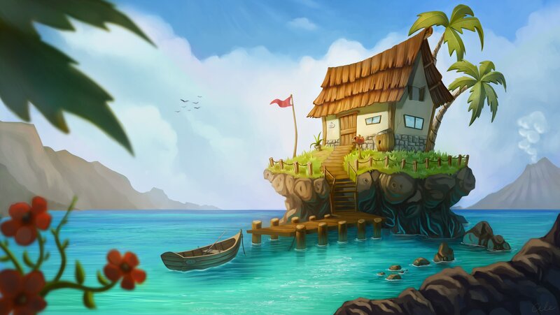 Cottage on a Rock Island — Blue, Serene