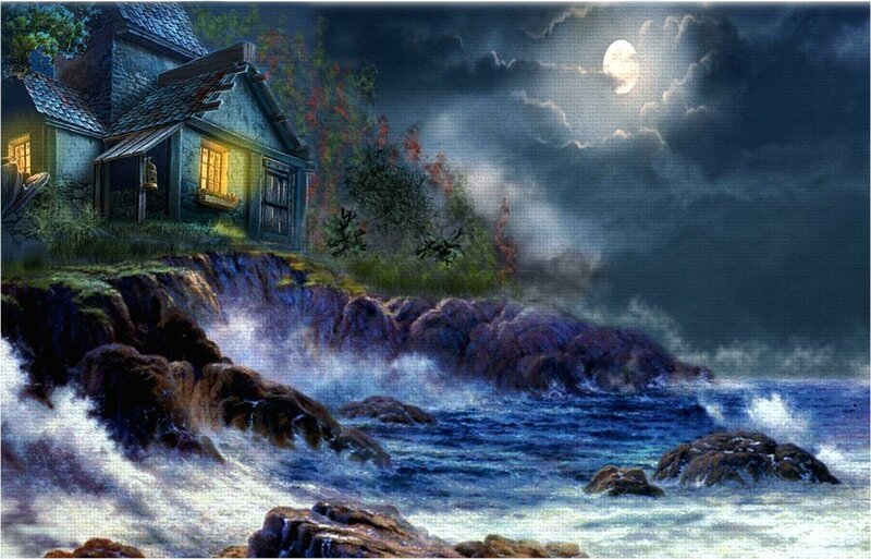 Cottage on Rocky Shore — Blue, Dramatic