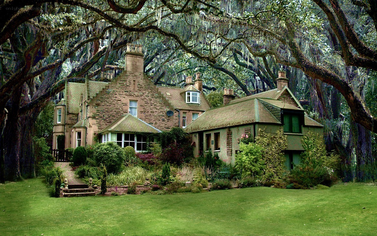 cottage under oak trees