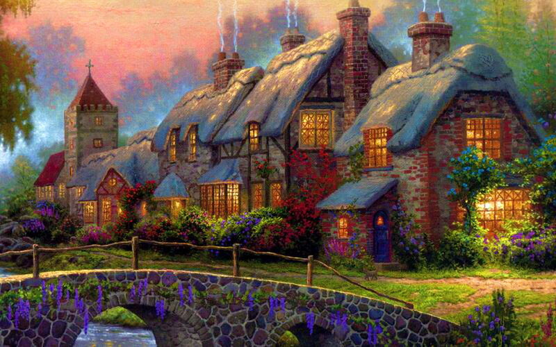 Cottage Village at Dusk — Blue