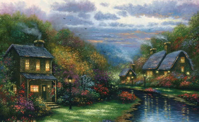Cottage Village at Dusk — Green