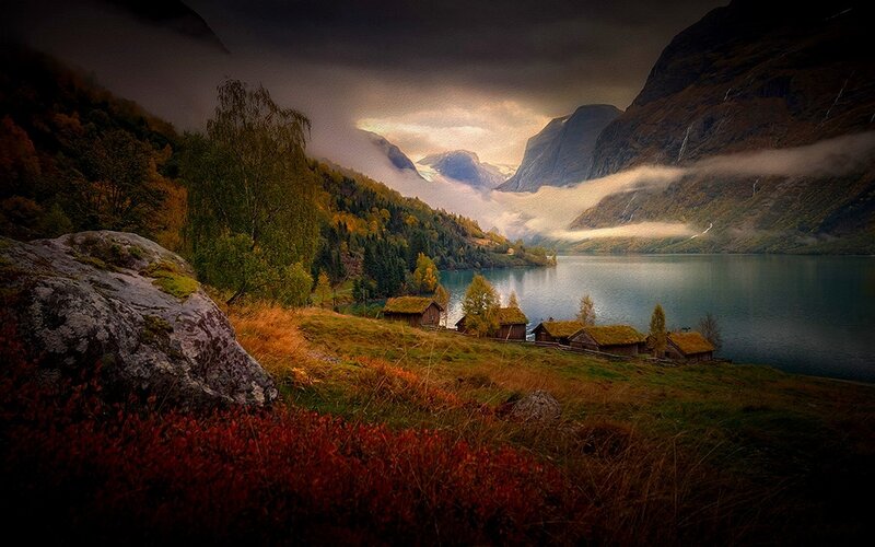 Cottage Village by Lake — Green