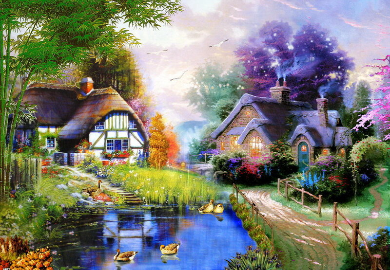 Cottage Village Scene — Blue