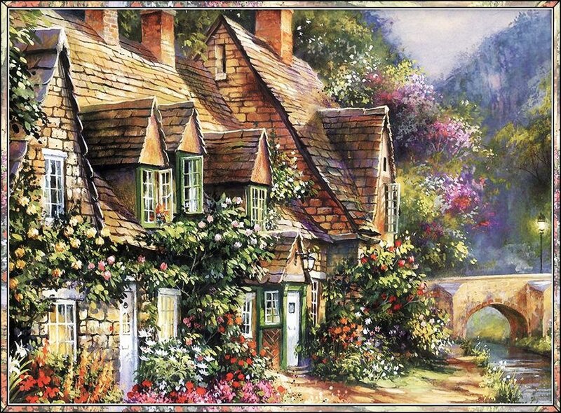 Cottage Village Scene — Green