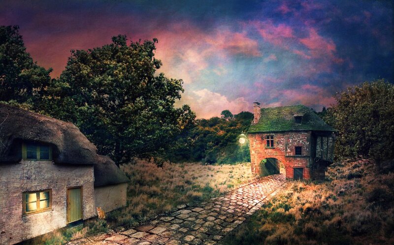 Cottage Village Scene — Purple
