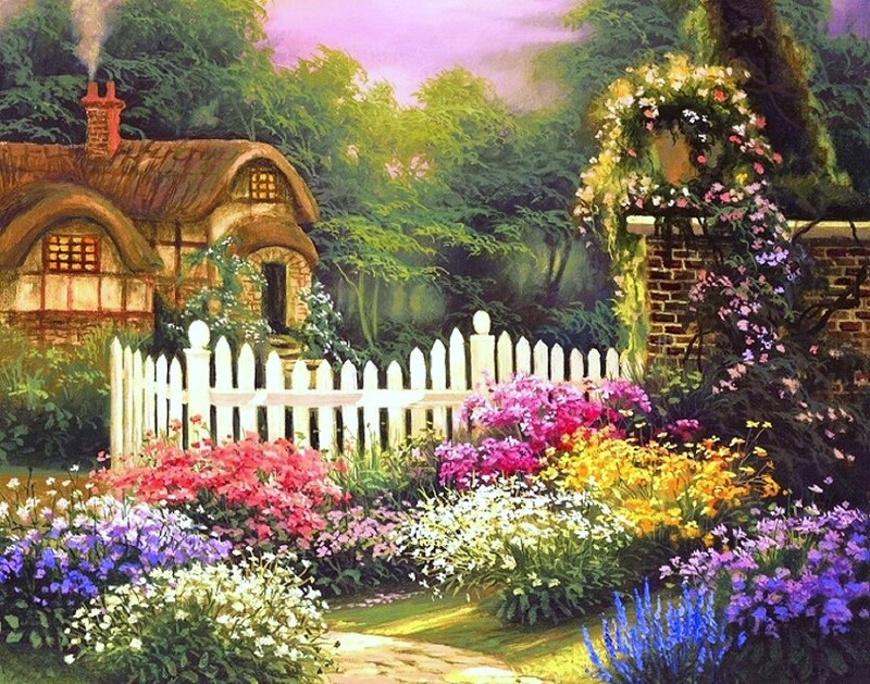Cottage with Flower Garden — Green, Serene