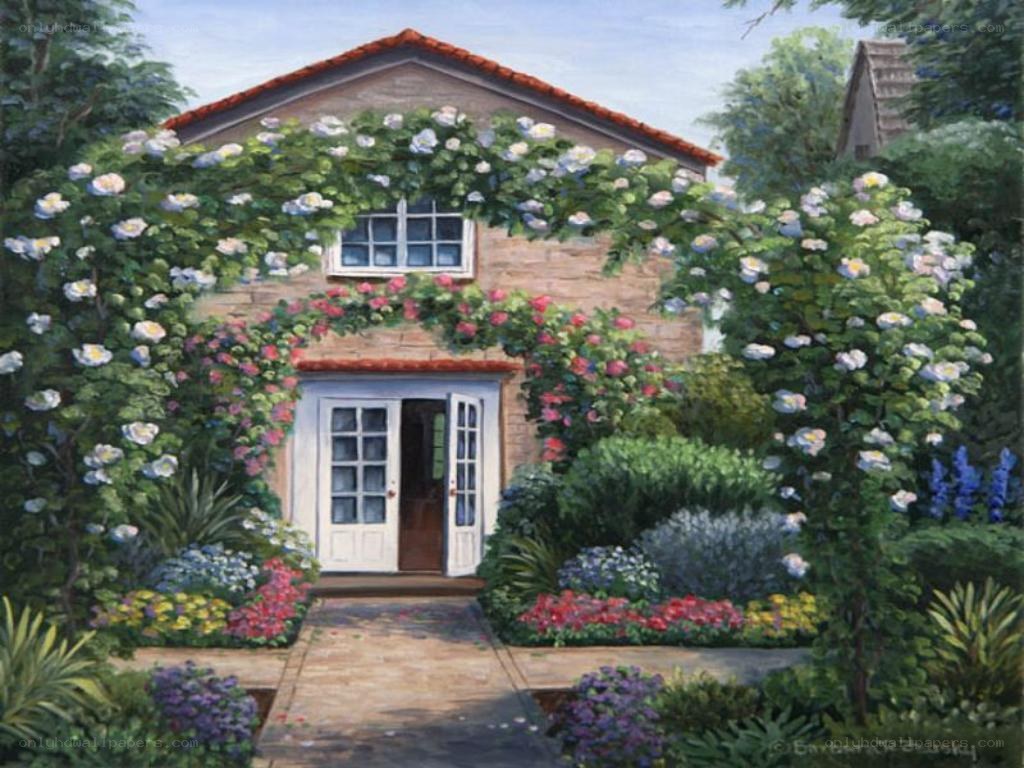 Cottage with flowering vines