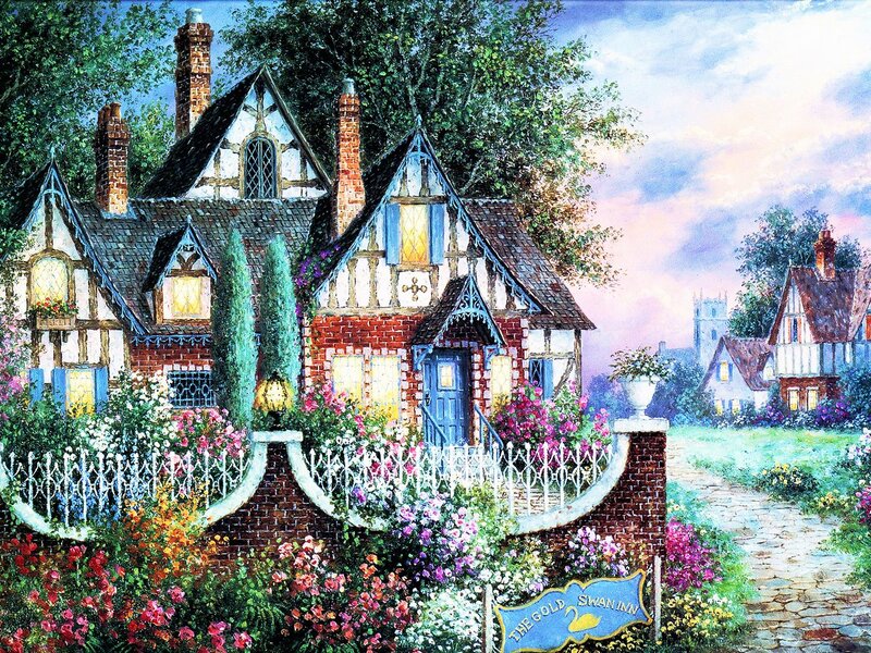 Cottage with Flowers — Blue