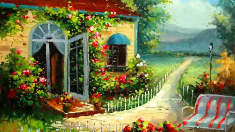 Cottage with Flowers — Green, Serene, Afternoon, Painting