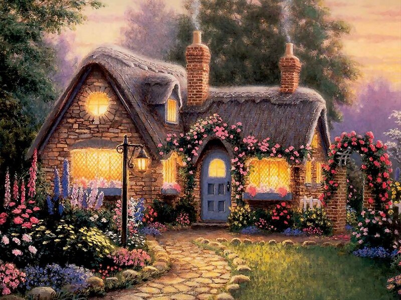 Cottage with Flowers — Green, Serene, Sunset