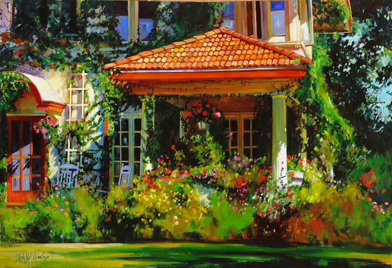 Cottage with Flowers — Green, Serene
