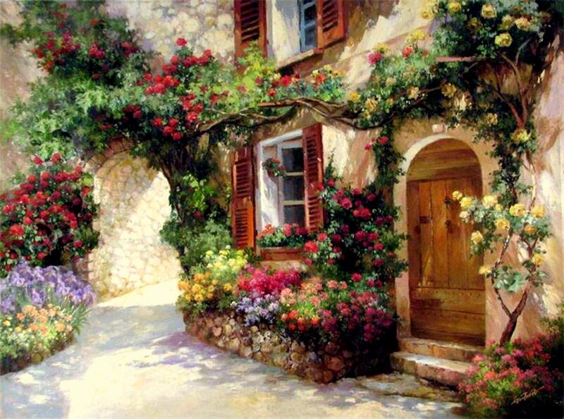 Cottage with Flowers — Green