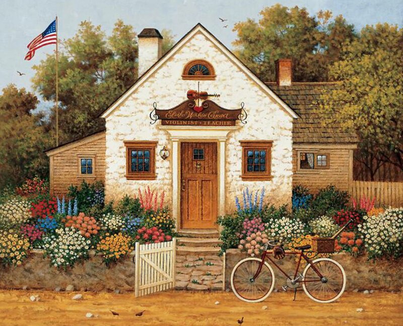 Cottage with Flowers — White, Peaceful