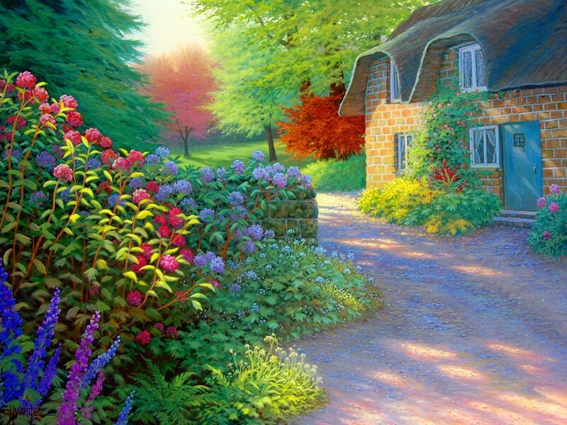 Cottage with Garden — Green, Serene, Afternoon, Painting, Flowers, Path