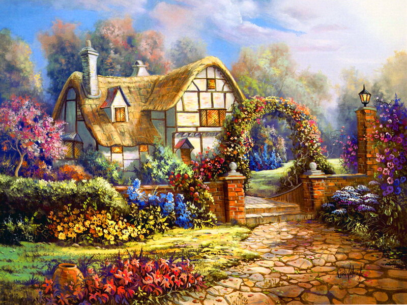 Cottage with Garden — Green, Serene, Afternoon, Painting, Path, Archway