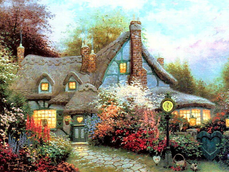 Cottage with Garden — Green, Serene, Afternoon, Painting