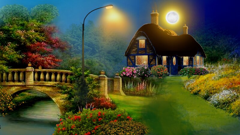Cottage with Garden — Green, Serene, Night, Digital Art