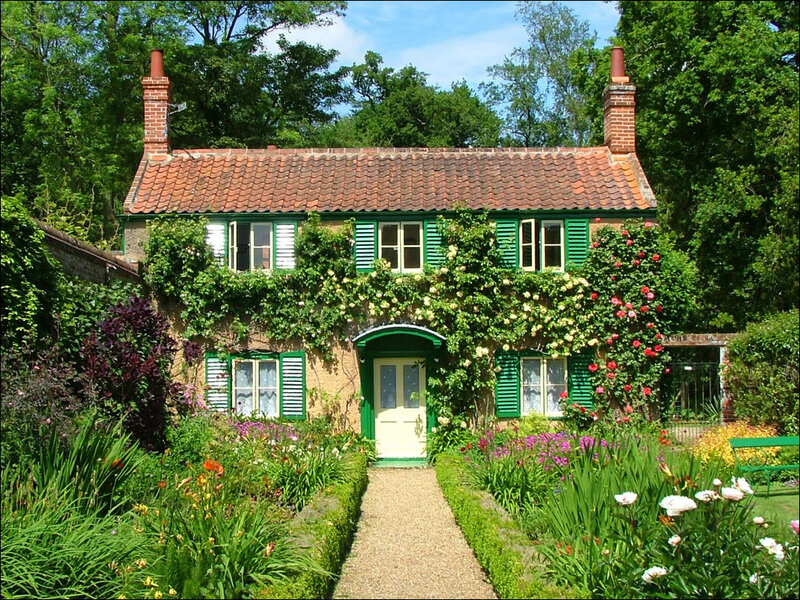 Cottage with Garden — Green, Serene, Summer, Photograph, Flowers, Trees, Path