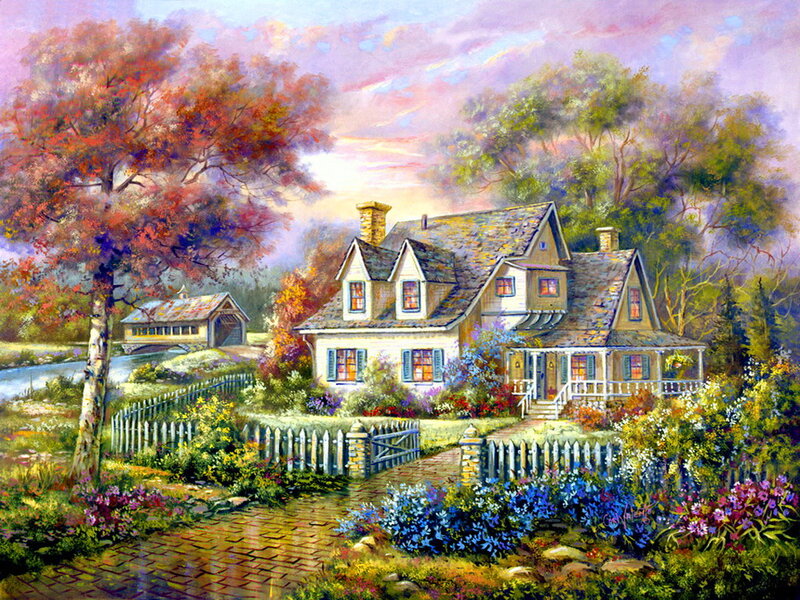 Cottage with Garden — Green, Serene, Sunset, Painting, House