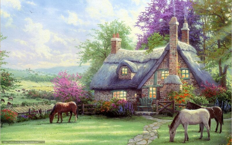 Cottage with Grazing Horses