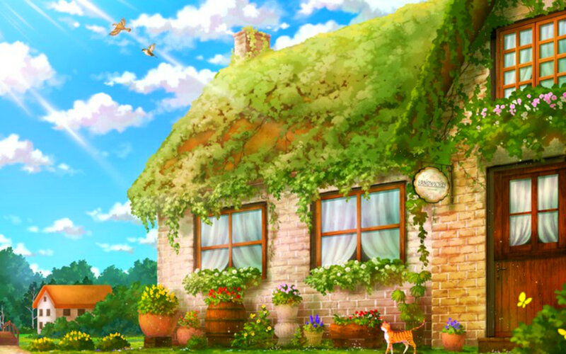 Cottage with Green Roof — Serene, Afternoon, Digital Art