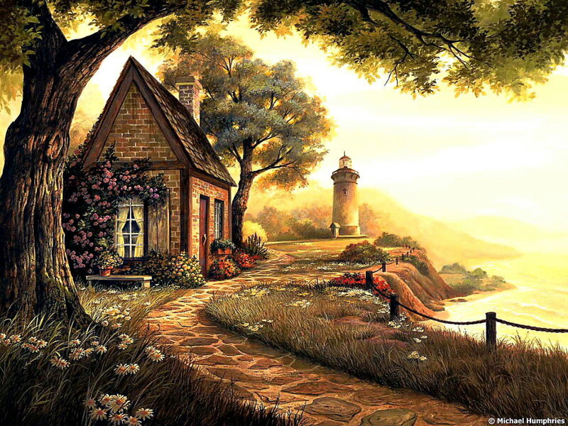Cottage with Lighthouse — Yellow, Serene