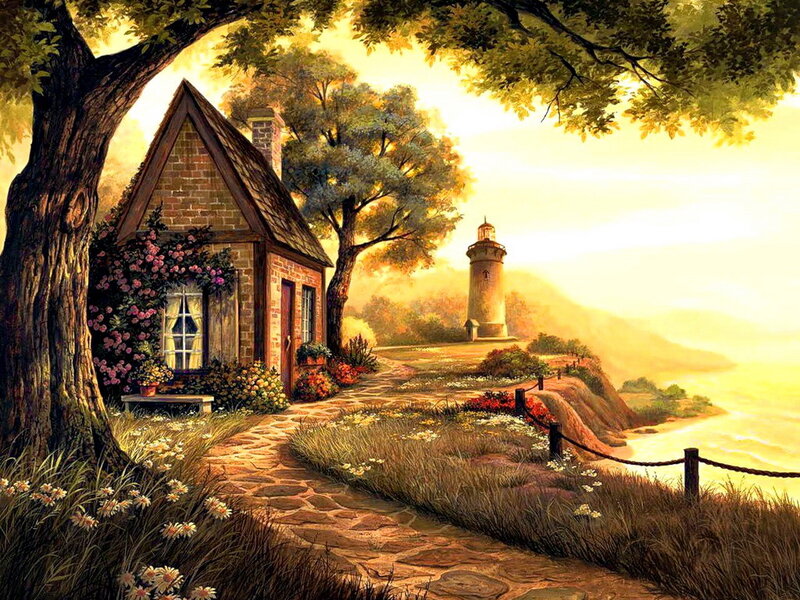 Cottage with Lighthouse — Yellow