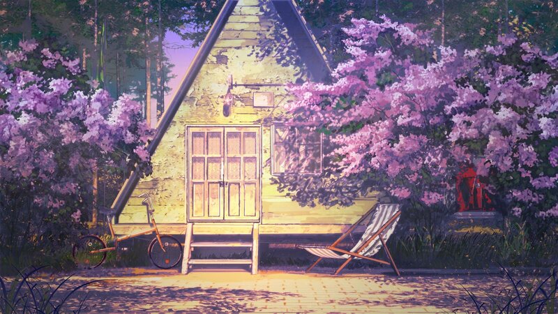 Cottage with Lilac Bushes — Purple, Serene, Sunset