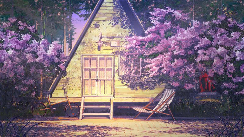 Cottage with Lilac Bushes — Purple, Serene