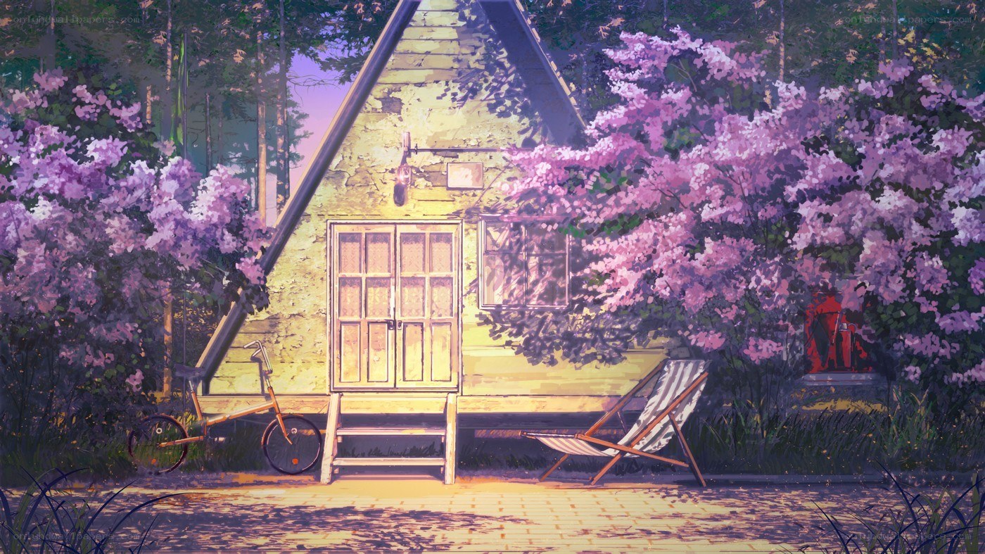 Cottage with lilac bushes