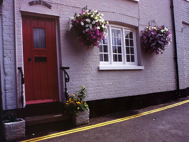 Cottage with red door and flowers