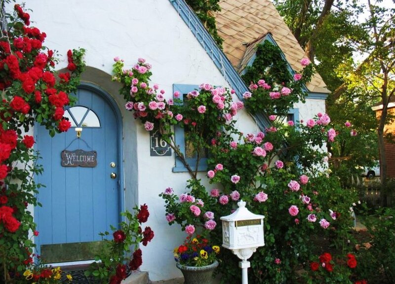 cottage with roses and blue door