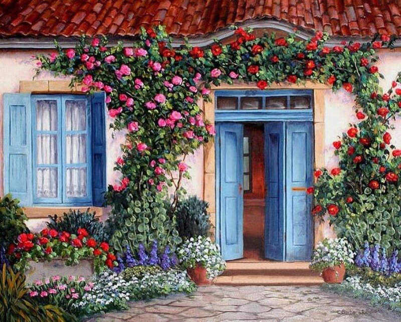 Cottage with Roses — Blue