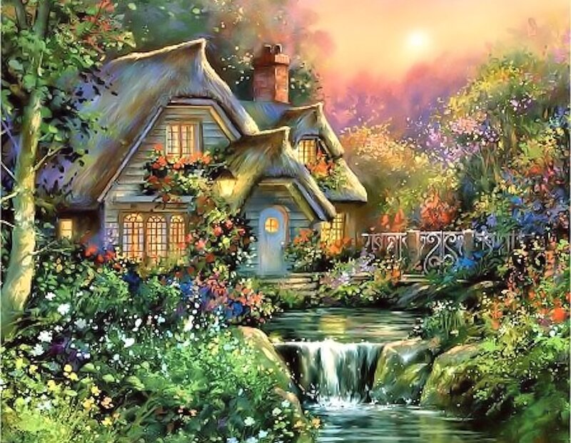 Cottage with Waterfall — Green