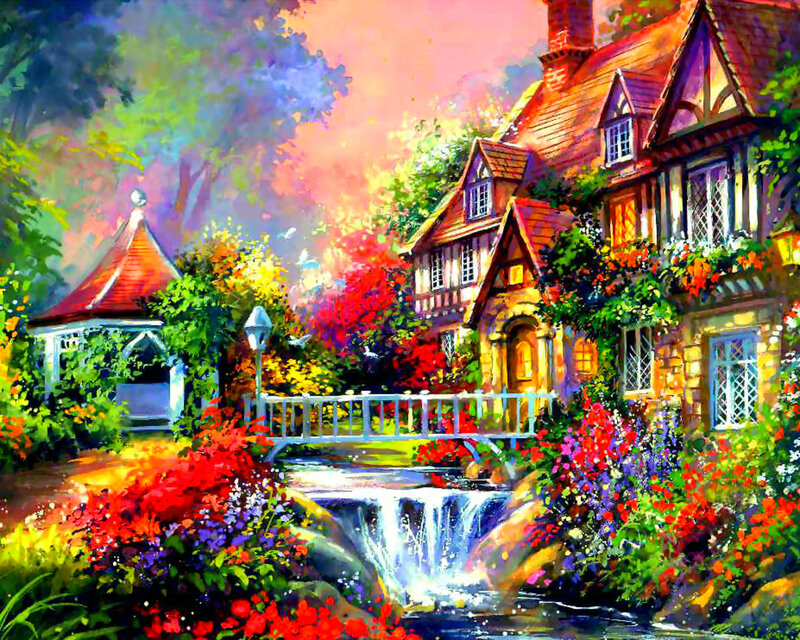 Cottage with Waterfall — Red, Serene
