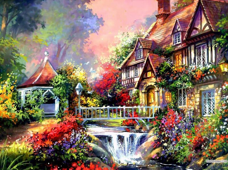 Cottage with Waterfall — Red