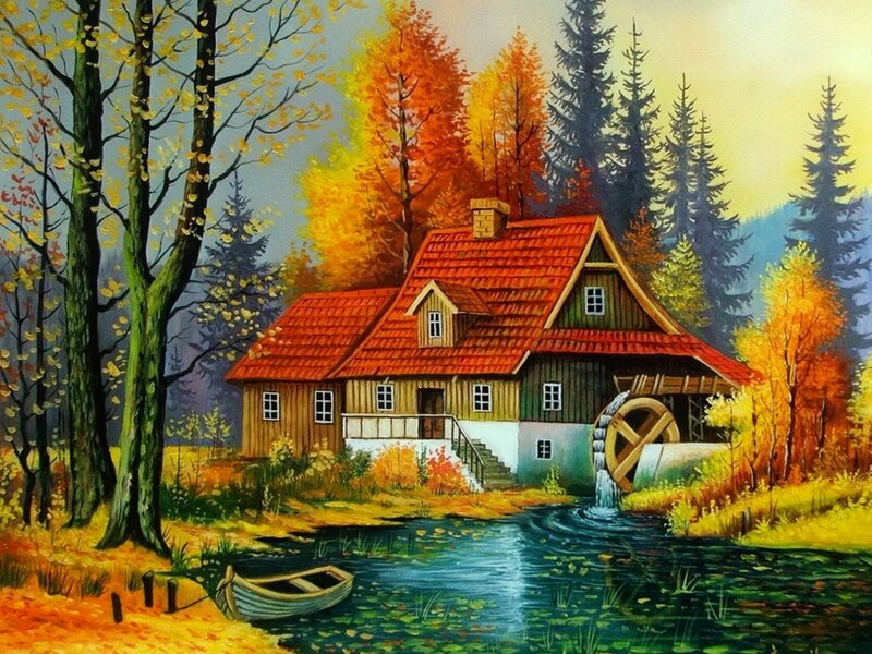 Cottage with Watermill — Orange, Serene, Autumn, Painting, River