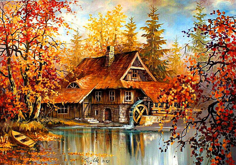 Cottage with Watermill — Orange, Serene, Autumn