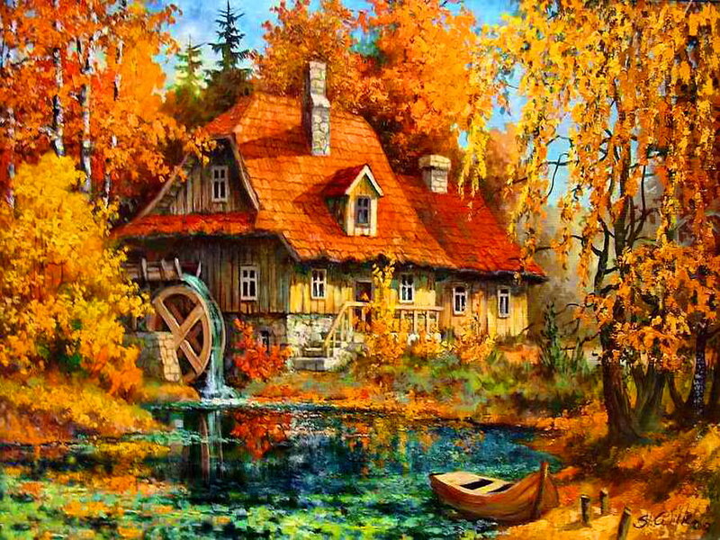 Cottage with Watermill — Orange, Serene