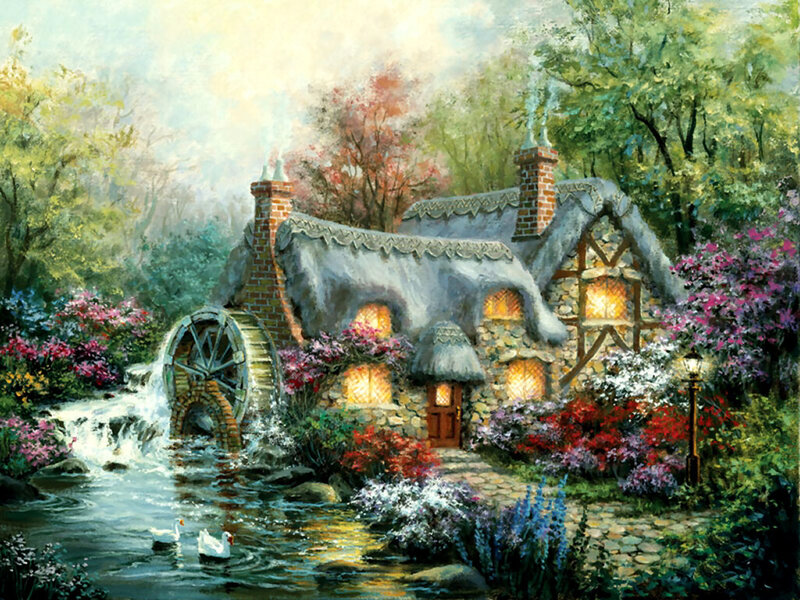 Cottage with Waterwheel — Green