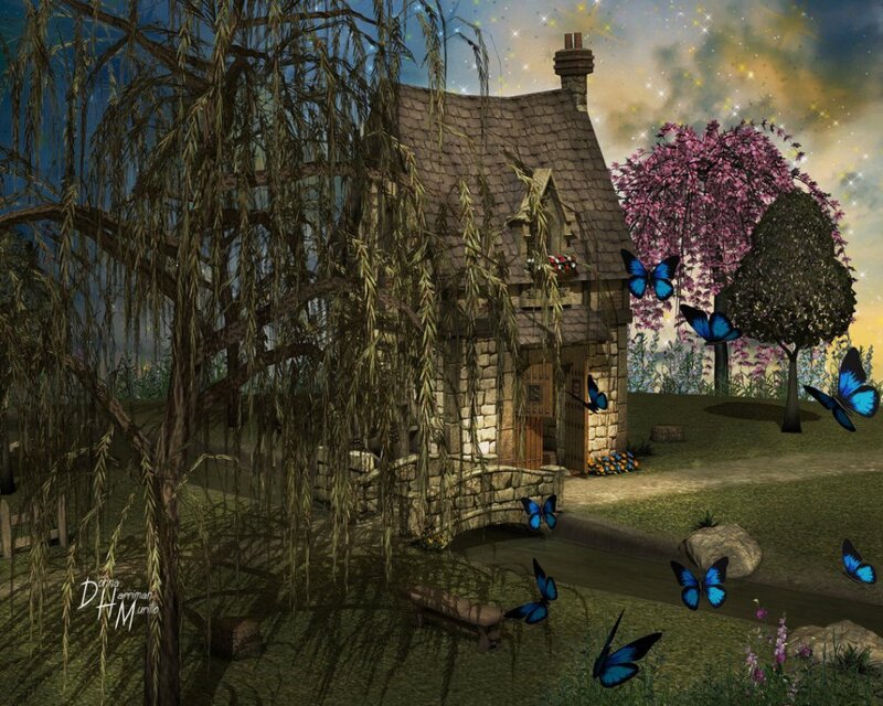 Cottage with Willow Tree