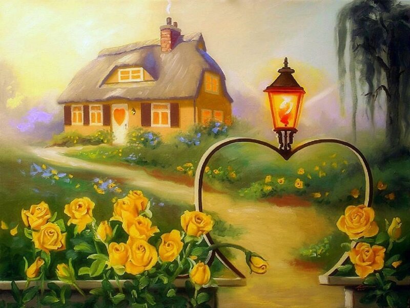 Cottage with Yellow Roses