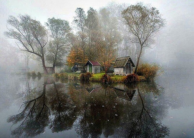 Cottages on a Misty Island
