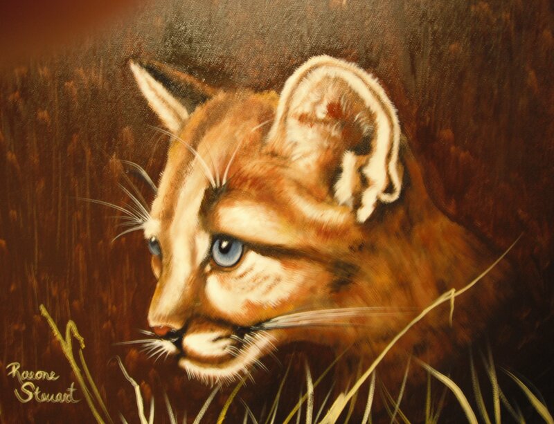 Cougar in Tall Grass — Brown, Alert, Painting