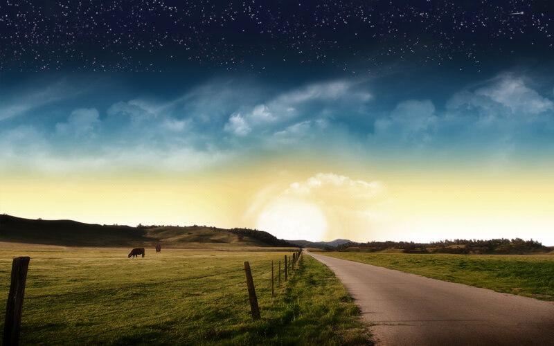 Country road at night with stars