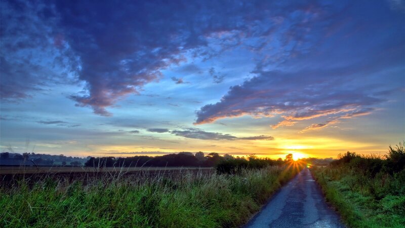 Country Road at Sunset — Blue, Dramatic, Photograph, Sun