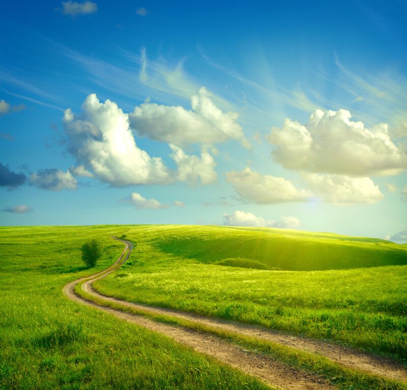Country road through green hills