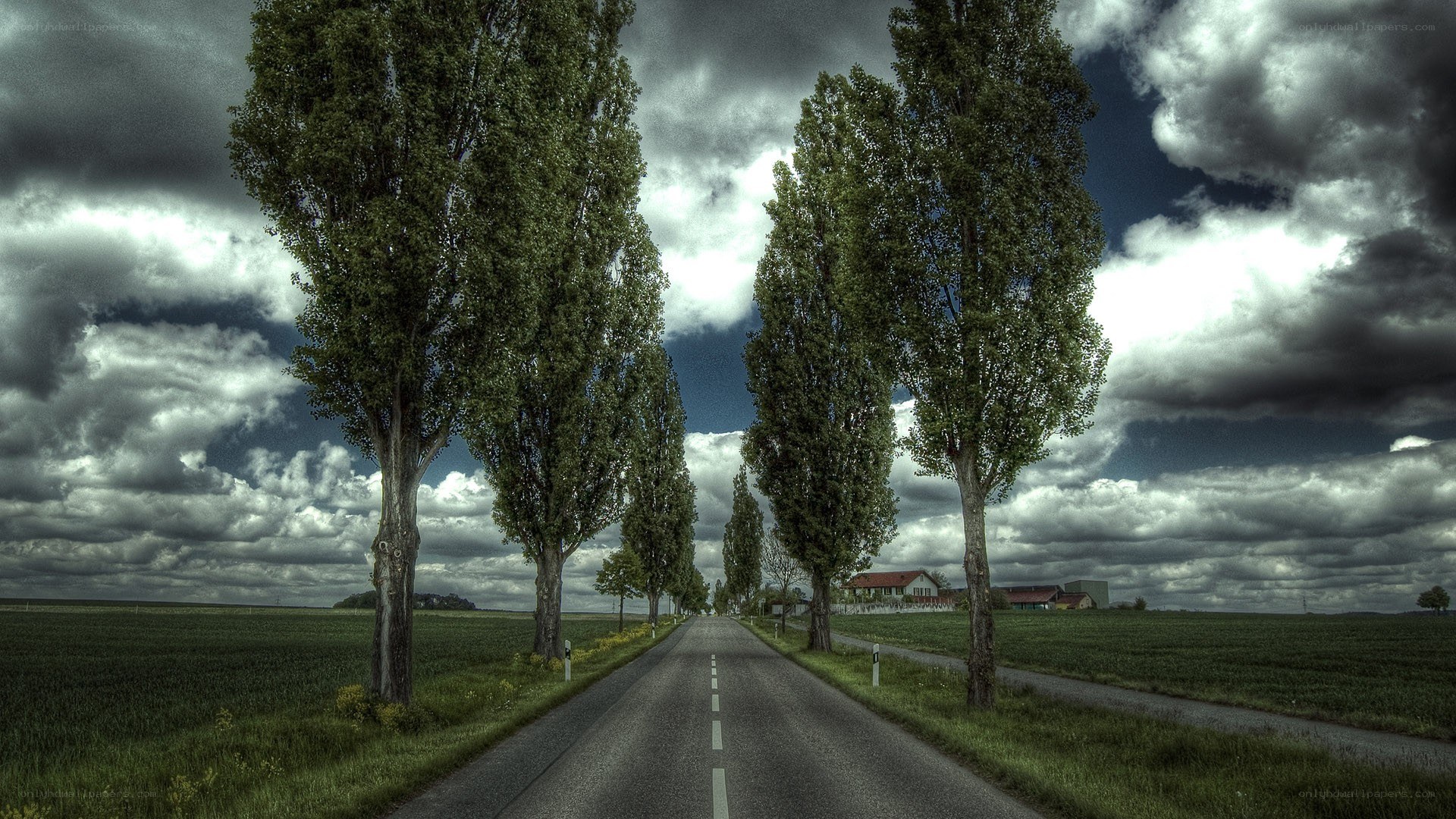 Country road under stormy sky
